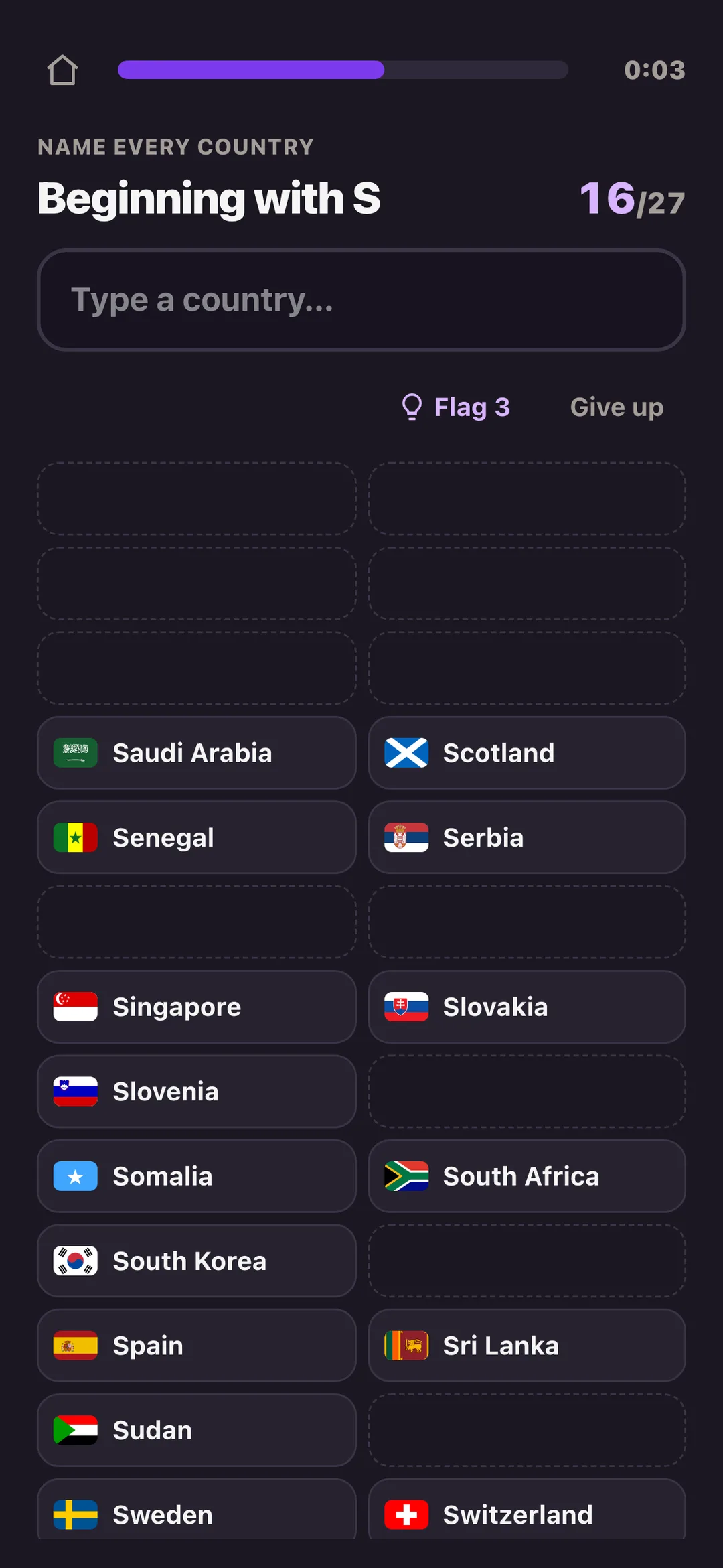 Name them all: 16 of 27 countries beginning with S typed so far, the rest still blank