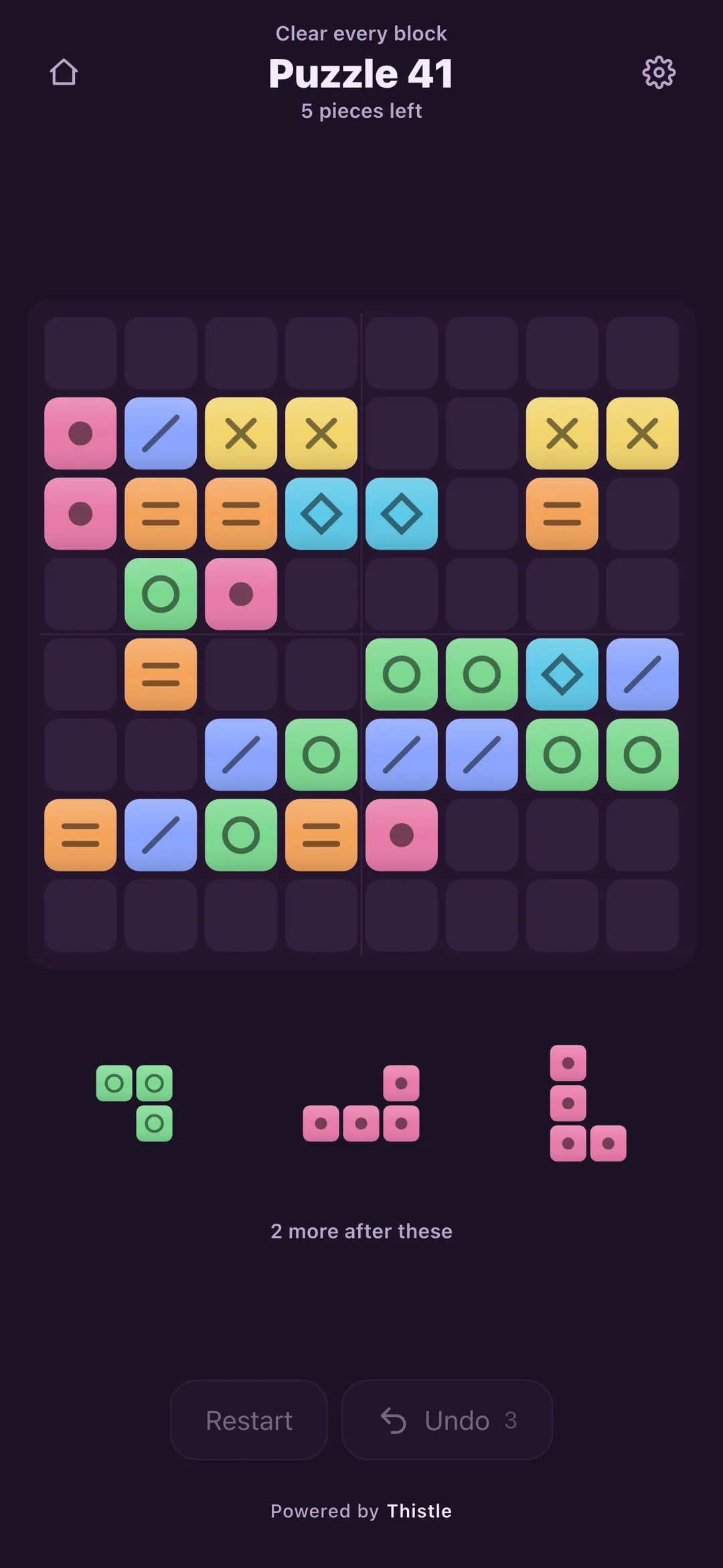 Puzzle 41: clear every block with the five pieces given