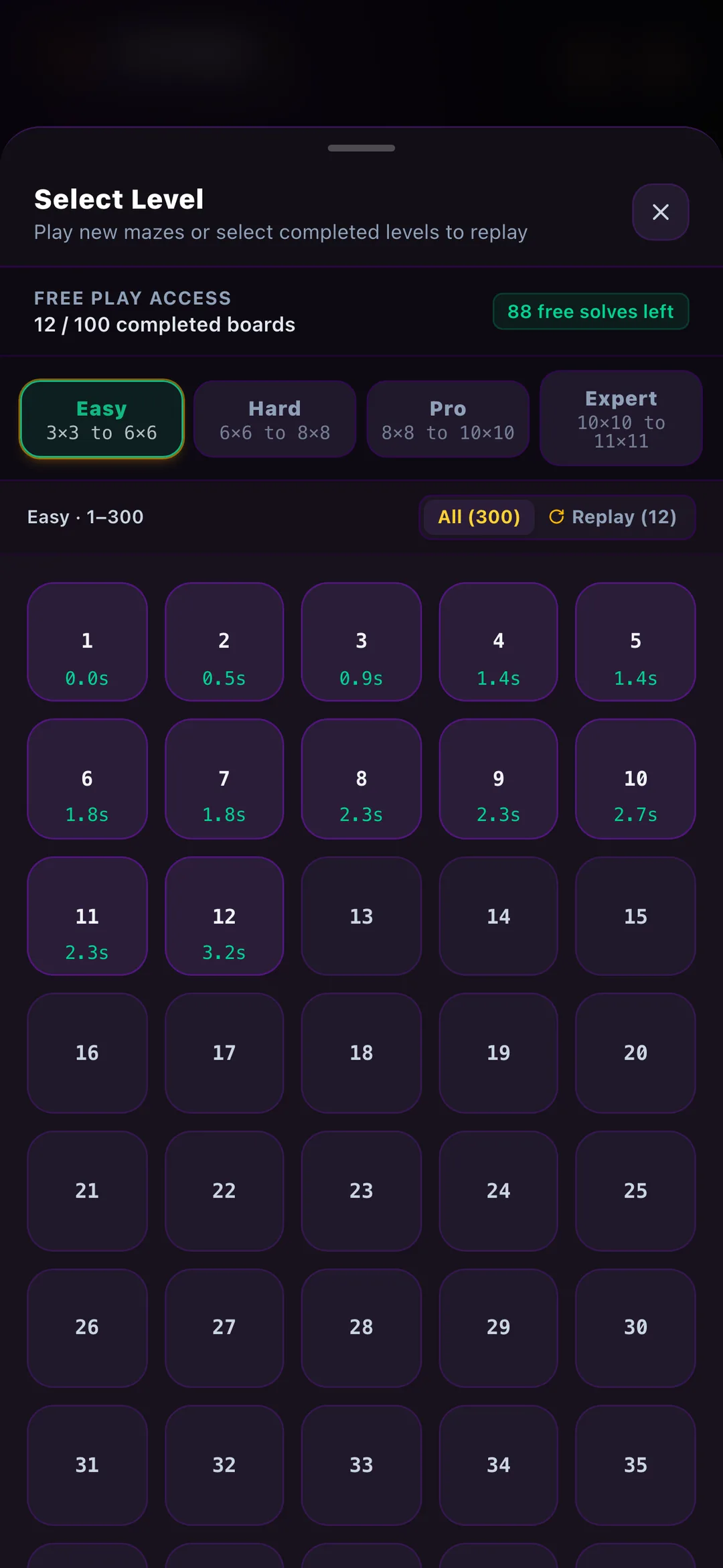 Level select: 1,200 levels across Easy, Hard, Pro and Expert