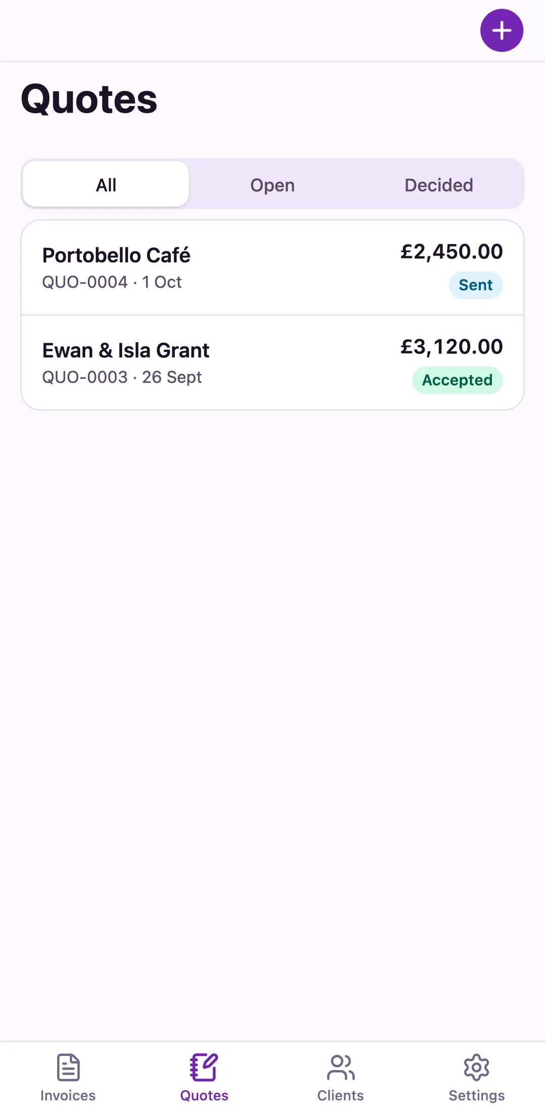Quotes list with one quote sent and one accepted