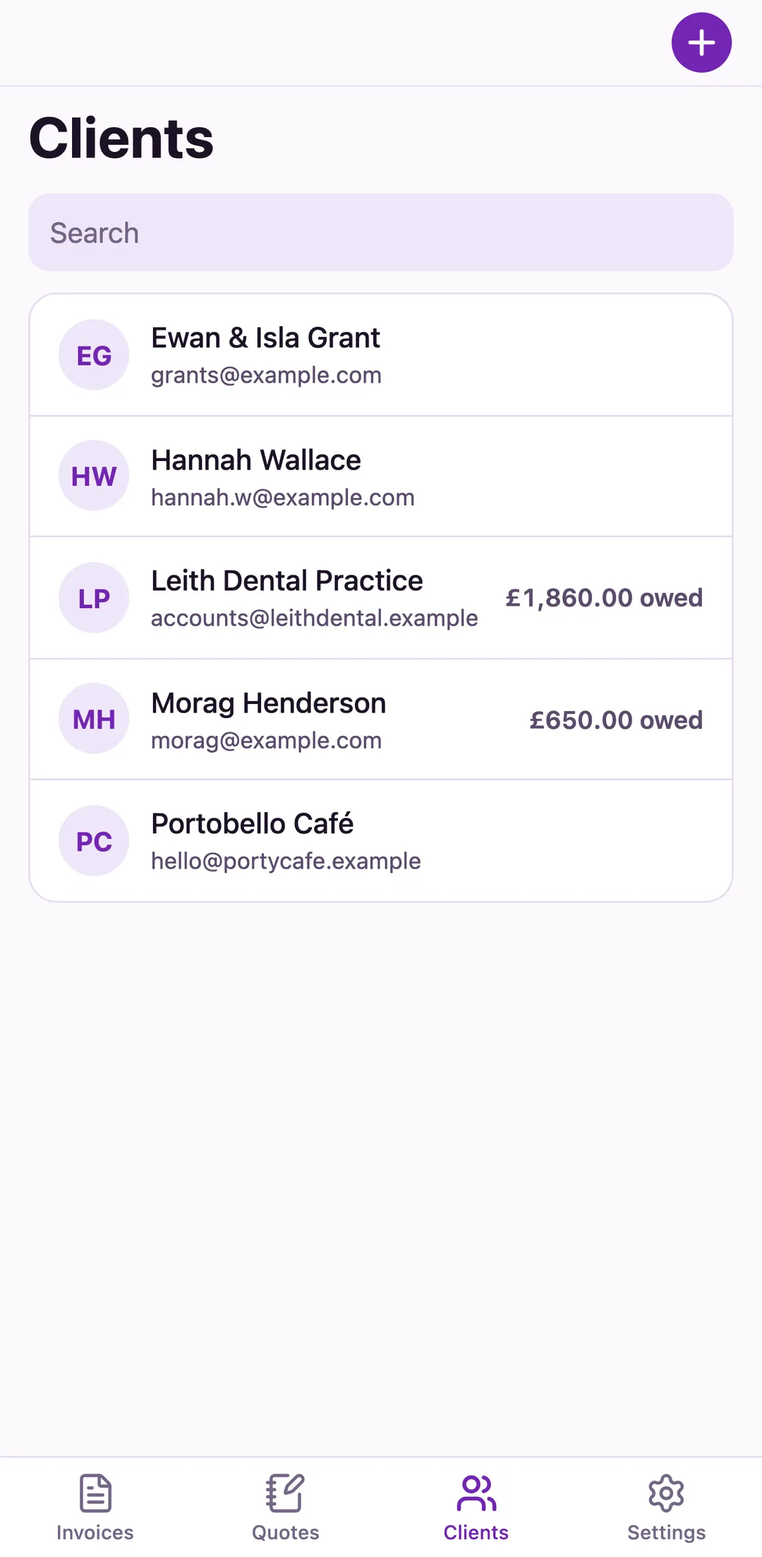 Clients list showing who owes what